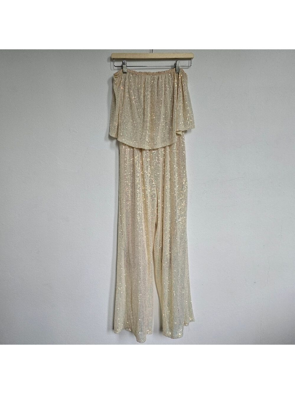Sage Ivory Iridescent Sequin Strapless Wide Leg Jumpsuit Small